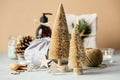 Eco friendly Christmas concept - Miniature Christmas trees made of Coconut fiber, Fabric wrapped gifts and Christmas Royalty Free Stock Photo