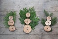 Eco Friendly Christmas decoration flat lay. Three handmade wooden toys snowman with different conifer branches on rustic wooden Royalty Free Stock Photo