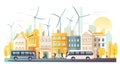 Eco friendly city, street view with busses and walking people and wind turbines at the background.