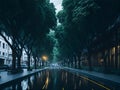 Eco-friendly cityscape with trees along streets and sidewalks, which help absorb rainwater. AI Generated