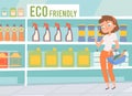Eco friendly cleaners. Women choose cleaning products in supermarket. Non chemical organic goods on store shelves vector