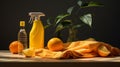 Eco-Friendly Cleaning Products with Citrus Fruits. Still life of eco-friendly cleaning products arranged with fresh Royalty Free Stock Photo