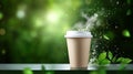 Eco-friendly coffee cup with lid in nature setting with leaves and bokeh Royalty Free Stock Photo