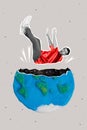Eco friendly collage of man falling down impressed crazy inside broken plasticine earth polyethylene pollution isolated