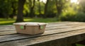 Eco friendly compostable food container with embedded freshness sensor showcased on picnic table Royalty Free Stock Photo
