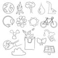 Eco friendly concept vector illustration, hand drawing of icon of bicycle, planet earth, globe, sun, bag,flower,water Royalty Free Stock Photo
