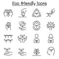 Eco friendly, conservation, saving nature, ecology and environment icon set in thin line style