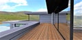 Eco-friendly covering of a large balcony with a terrace board. A private country house with an advanced facade finish with