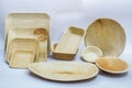 Eco-friendly cutlery consisting of plates, bowls, trays, wooden spoon and and paper straw. Biodegradable cutlery for Events And