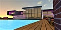 Eco-friendly decking along the swimming pool. Amazing suburban estate with glass exterior and luminous facade elements at the