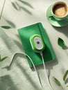 Eco Friendly Device Charging on Green Notebook with Coffee and Plant Shadows Royalty Free Stock Photo