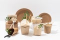 Eco friendly, disposable, recyclable tableware. Boxes, pots and cutlery.