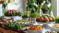 Eco-friendly Easter with a focus on health and wellness, featuring a table set with gluten-free Easter cakes, vegan