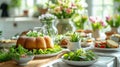 Eco-friendly Easter with a focus on health and wellness, featuring a table set with gluten-free Easter cakes, vegan