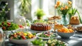 Eco-friendly Easter with a focus on health and wellness, featuring a table set with gluten-free Easter cakes, vegan