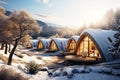 Eco-friendly ecolodge or eco-lodge cosy wooden winter eco-houses in the snowy valley