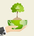 ECO FRIENDLY. Ecology concept with Green Eco Earth and Trees. Vector illustration. Royalty Free Stock Photo