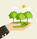 ECO FRIENDLY. Ecology concept with hand and tree background. Vector illustration. Royalty Free Stock Photo