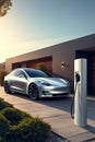 Eco-friendly electric car is conveniently parked in the driveway of a modern home, seamlessly connected to a built-in charging