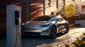 Eco-friendly electric car is conveniently parked in the driveway of a modern home, seamlessly connected to a built-in charging