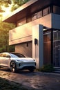 Eco-friendly electric car is conveniently parked in the driveway of a modern home, seamlessly connected to a built-in charging