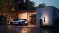 Eco-friendly electric car is conveniently parked in the driveway of a modern home, seamlessly connected to a built-in charging