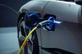 Ecofriendly electric car recharging emphasizing battery and power connection Royalty Free Stock Photo