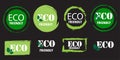 Eco friendly emblem. Vegan food. Black background. Premium quality. Healthy organic. Vector illustration. Stock image. Royalty Free Stock Photo