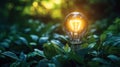 Eco friendly energy efficiency solution for industry. Bright glowing lightbulb amongst rich plants. Innovative energy saving Royalty Free Stock Photo