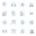 Eco-friendly energy linear icons set. Solar, Wind, Biomass, Hydro, Geothermal, Renewable, Efficiency line vector and