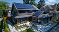 Eco Friendly Environment: Urban house with sunlit roof installing solar photovoltaic panels on rooftop, renewable energy source Royalty Free Stock Photo