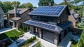 Eco Friendly Environment: Urban house with sunlit roof installing solar photovoltaic panels on rooftop, renewable energy source Royalty Free Stock Photo