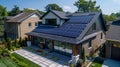 Eco Friendly Environment: Urban house with sunlit roof installing solar photovoltaic panels on rooftop, renewable energy source Royalty Free Stock Photo