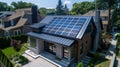 Eco Friendly Environment: Urban house with sunlit roof installing solar photovoltaic panels on rooftop, renewable energy source Royalty Free Stock Photo