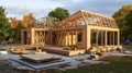 Eco-Friendly Foundations. Construction Of Modular House With Timber Frame. Generative AI