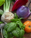 Eco friendly fresh vegetables assortment on wooden table