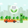 Eco friendly fuel concept. Electric car charging station. EV rec