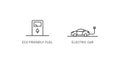 Eco friendly fuel and electric car thin line icons. Design elements for renewable energy, green technology. Vector