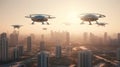 Eco friendly and futuristic air taxis flying in modern city. Generative AI. Royalty Free Stock Photo