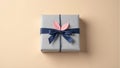 Eco friendly gift box with navy blue bow and pink leaf on beige background Royalty Free Stock Photo