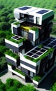 Eco-friendly green block of flats, futuristic architecture illustration