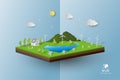 Eco friendly and green energy with house,solar panels and wind turbines,family happy and relax with green nature on isometric Royalty Free Stock Photo