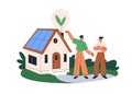 Eco-friendly green home. Smart future building, house with sustainable renewable energy, solar panels. Real estate and