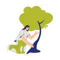 Eco Friendly with Happy Woman Character Sit Near Tree Growing Vector Illustration