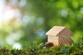 Eco friendly home. House model and coins on green grass outdoors, space for text Royalty Free Stock Photo