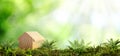 Eco friendly home. House model on green grass outdoors, banner design with space for text Royalty Free Stock Photo