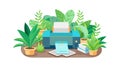 Eco-Friendly Home Office: Printer with Plants and Greenery, vector design Generative AI Royalty Free Stock Photo