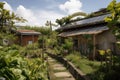 eco-friendly hotel, with solar panels on the roof and composting bins in the garden