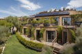 eco-friendly hotel, with solar panels on the roof and composting bins in the garden