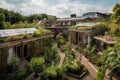 eco-friendly hotel, with solar panels on the roof and composting bins in the garden